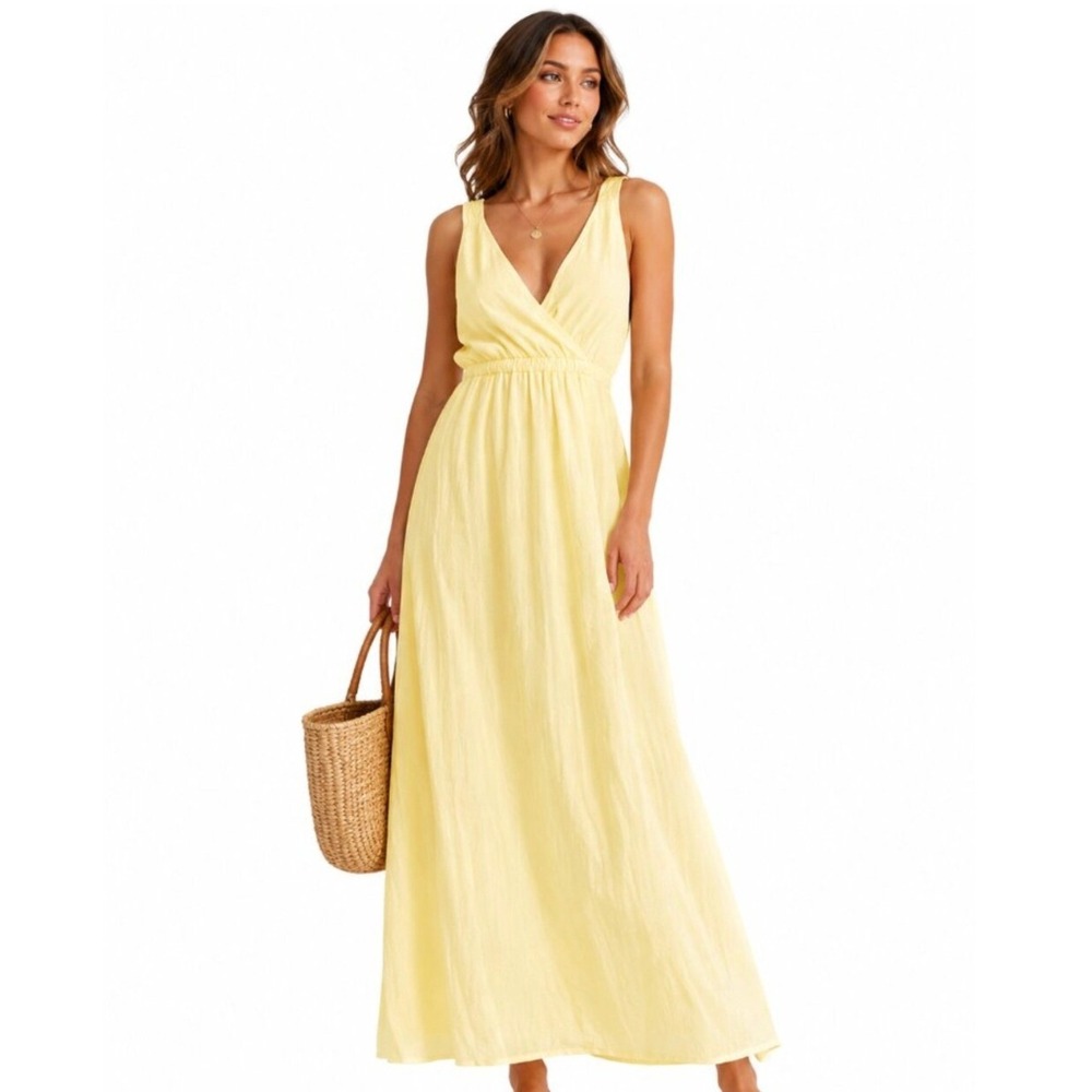 Linen Blend Maxi Dress M Yellow Summer Cottage Coastal Lagenlook Romantic Boho